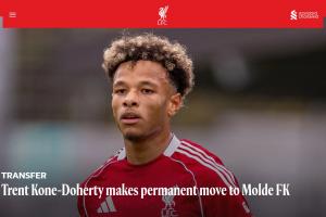 官方：利物浦19岁边锋多尔蒂加盟莫尔德，转会费75万欧含回购条款